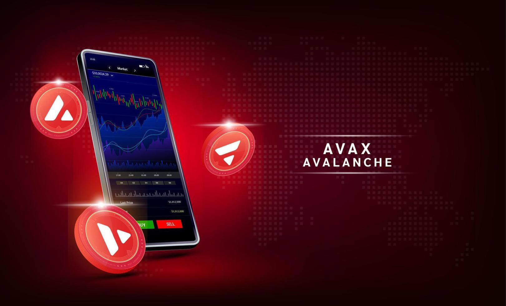 Avalanche coin and Phone. App for trading crypto currency on the touch screen smartphone. Data analytics stock market. Trends and financial strategy. Mobile banking cryptocurrency. Vector 3d.