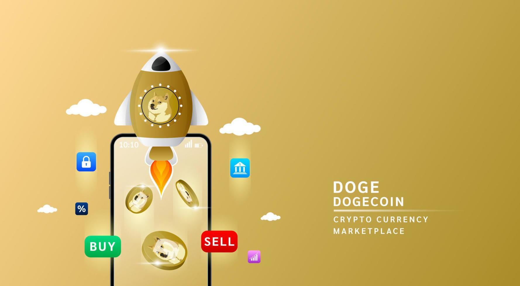 Dogecoin with spaceship flying leave smartphone to the sky. App for trading crypto currency in stock market. Mobile banking cryptocurrency wallet. 3d Vector illustration.