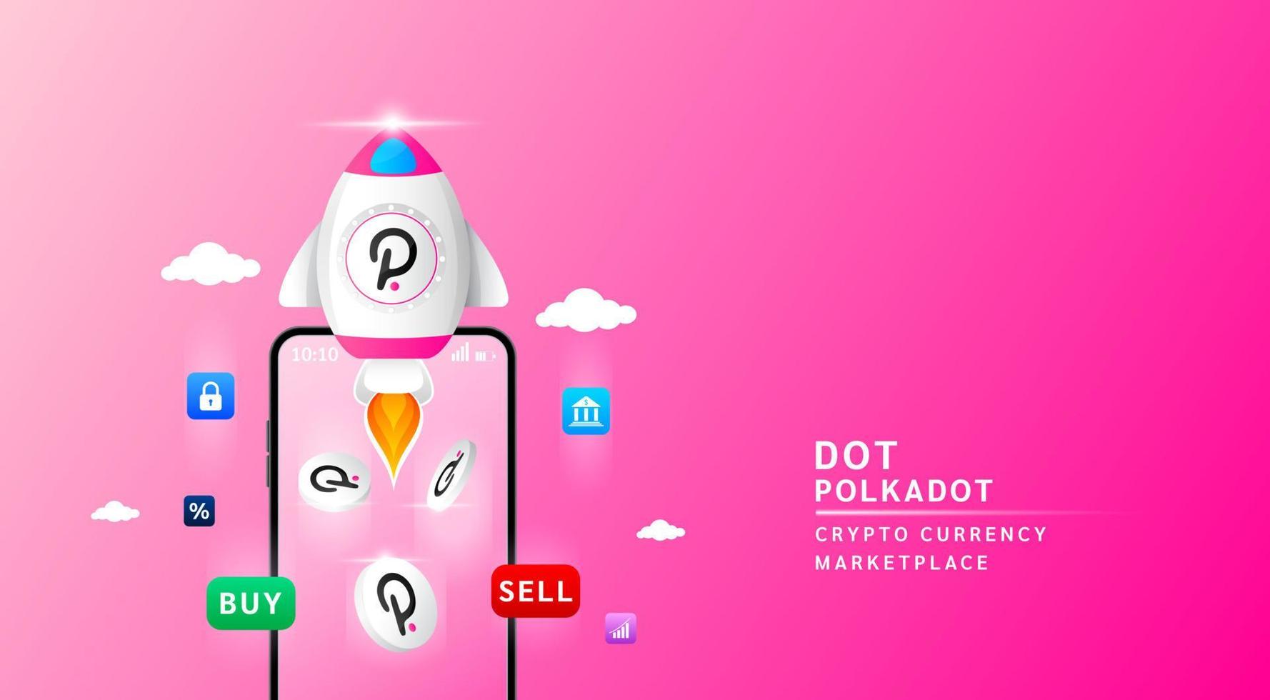 Polkadot coin with spaceship flying leave smartphone to the sky. App for trading crypto currency in stock market. Mobile banking cryptocurrency wallet. 3d Vector illustration.