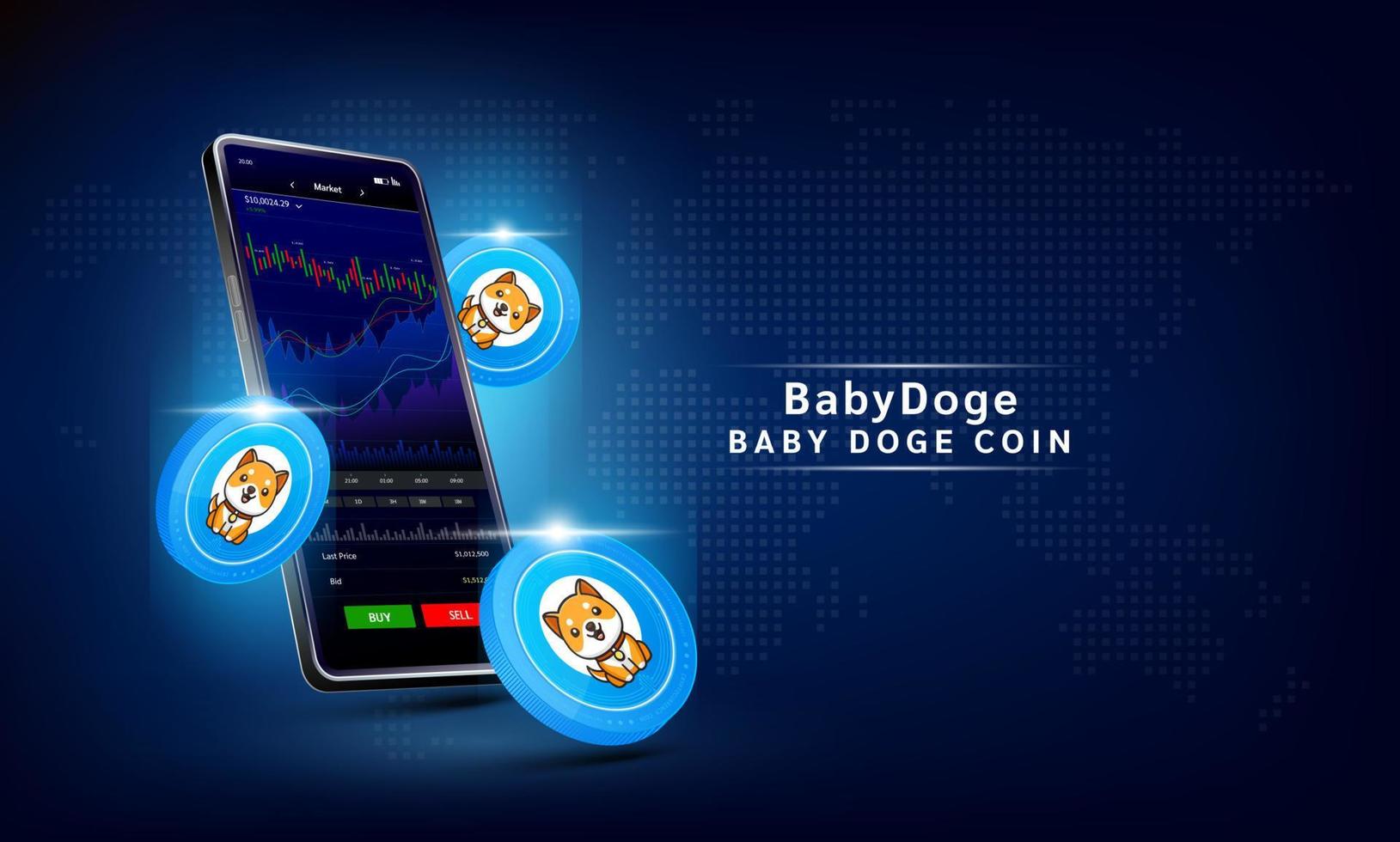 moneda bobydoge y teléfono. aplicación para el comercio de moneda criptográfica en el teléfono inteligente de pantalla táctil. mercado de valores de análisis de datos. tendencias y estrategia financiera. criptomoneda de banca móvil. 3d vectoriales. vector