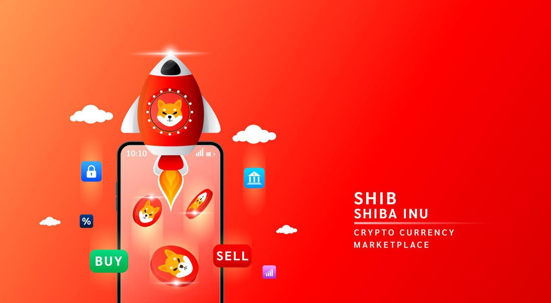Shiba inu coin with spaceship flying leave smartphone to the sky. App for trading crypto currency in stock market. Mobile banking cryptocurrency wallet. 3d Vector illustration.