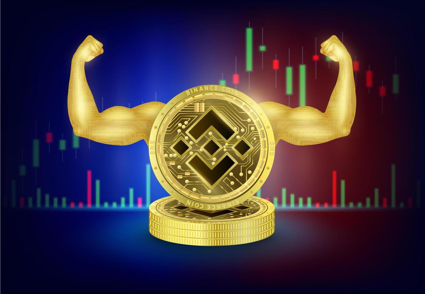 Gold coin Binance crypto currency. Powerful with arms showing strong muscles golden. Technology electronic payment futuristic. Stock market blockchain and Global economy boom. 3D vector. vector