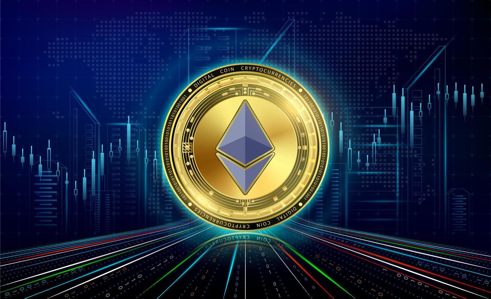 criptomonedas ethereum con tabla de crecimiento. bolsa de valores internacional. tecnología en línea de moneda criptográfica electrónica de cadena de bloques. moneda de oro sobre fondo oscuro de neón de ciudad futurista. vectores 3d