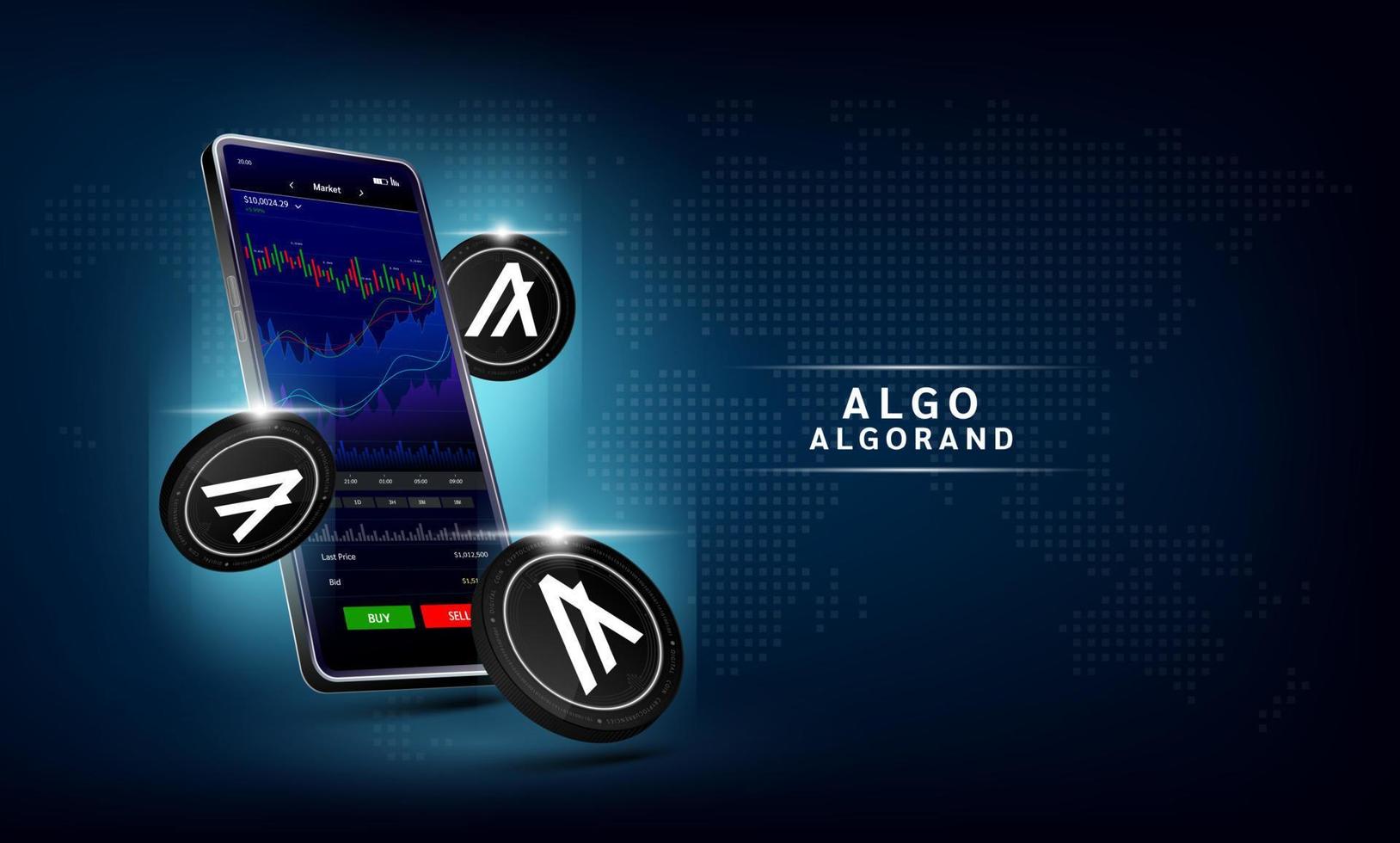 Algorand coin and Phone. App for trading crypto currency on the touch screen smartphone. Data analytics stock market. Trends and financial strategy. Mobile banking cryptocurrency. Vector 3d.