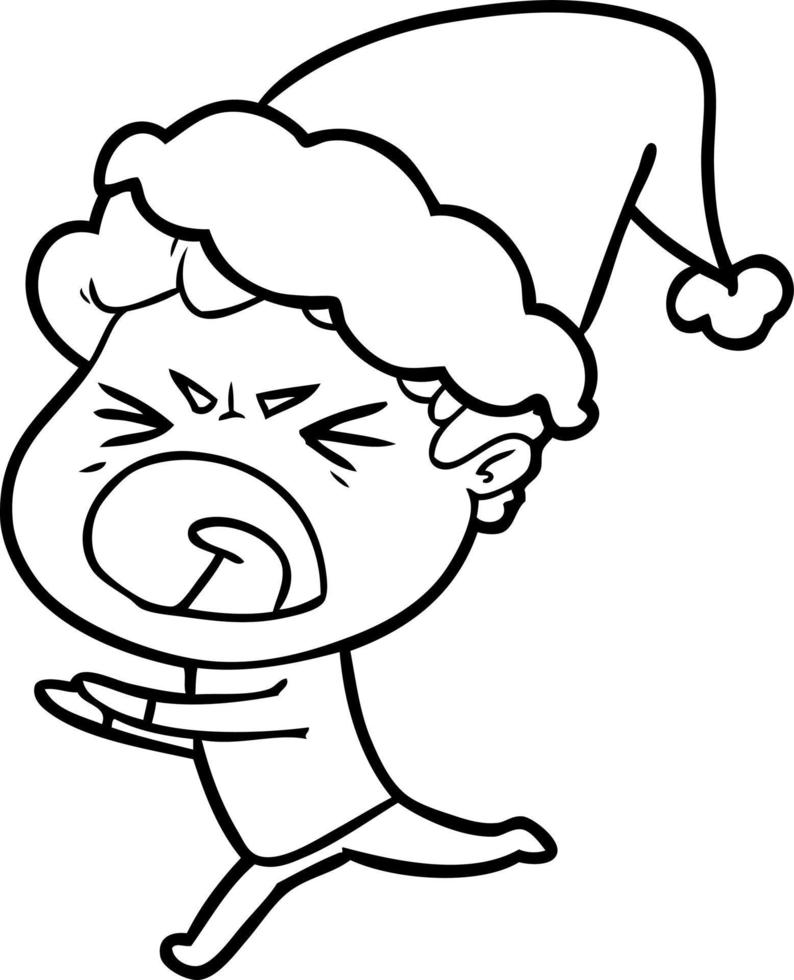 line drawing of a furious man wearing santa hat vector