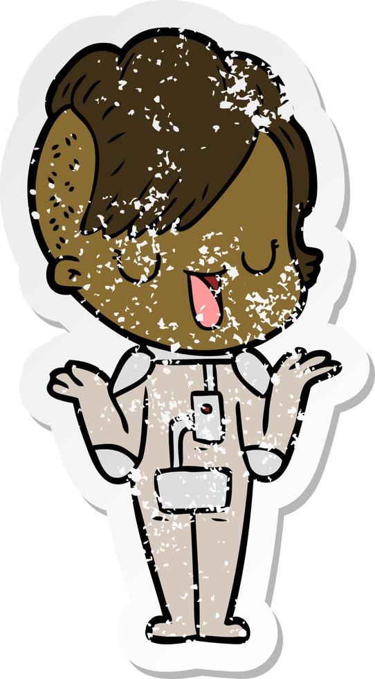distressed sticker of a cute cartoon girl with hipster haircut vector