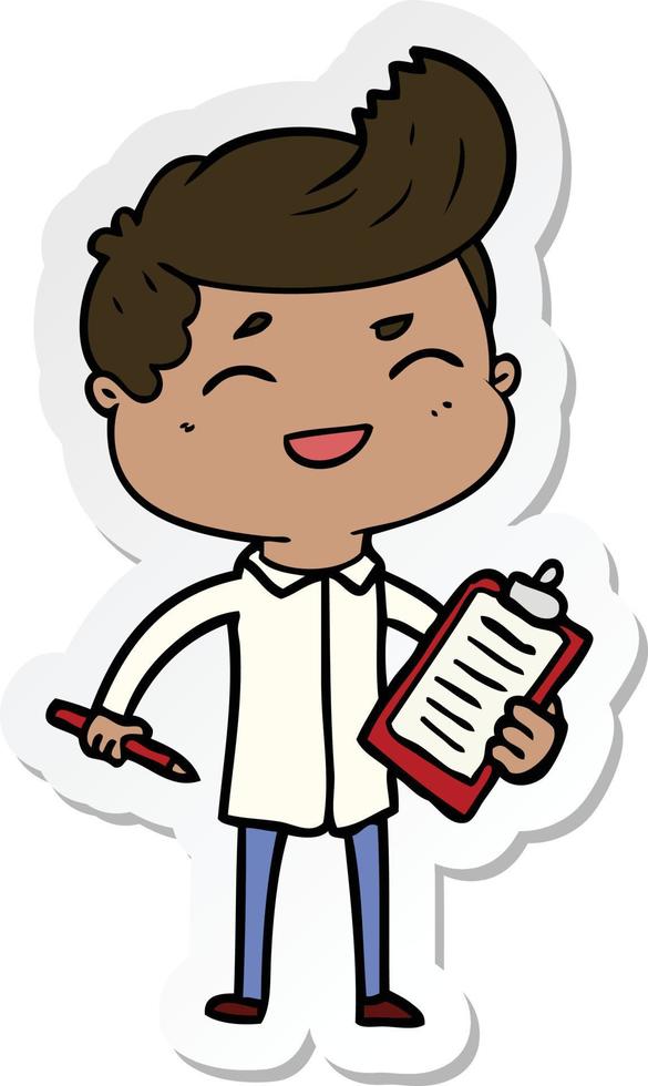 sticker of a cartoon laughing salesman vector