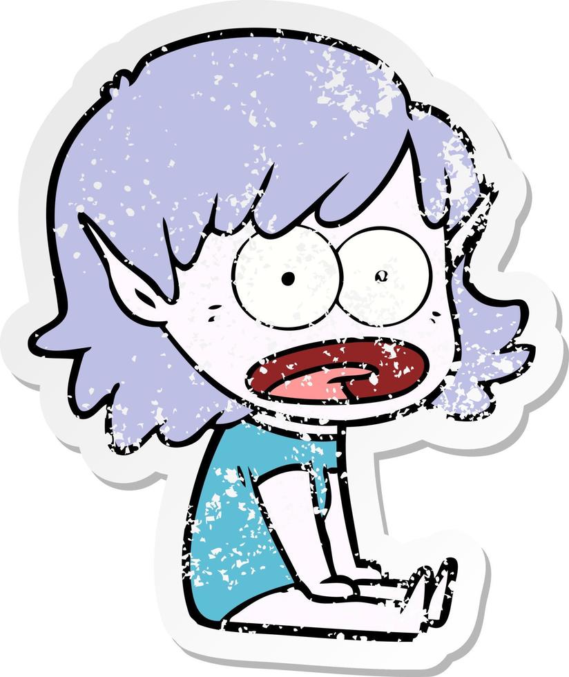 distressed sticker of a cartoon shocked elf girl vector