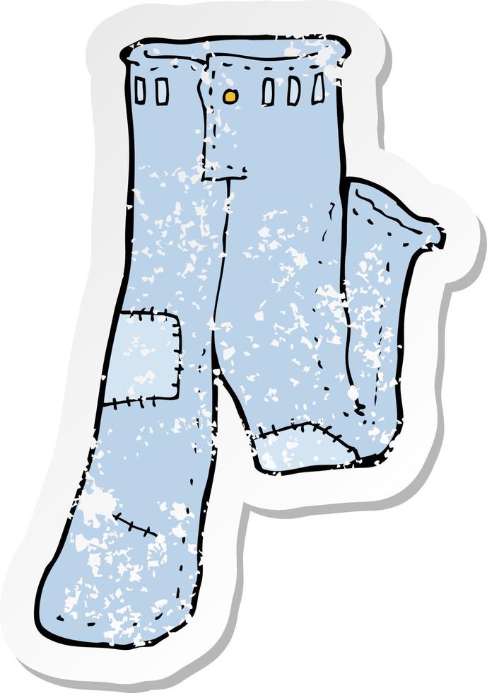 retro distressed sticker of a cartoon patched old jeans vector