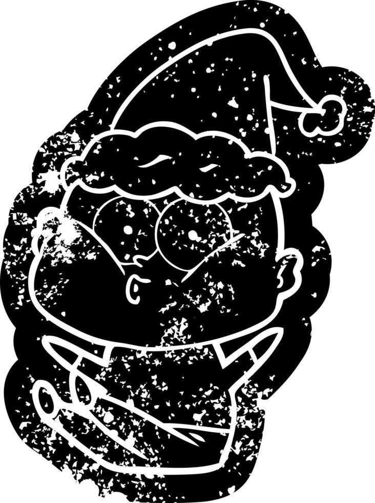 cartoon distressed icon of a bald man staring wearing santa hat vector