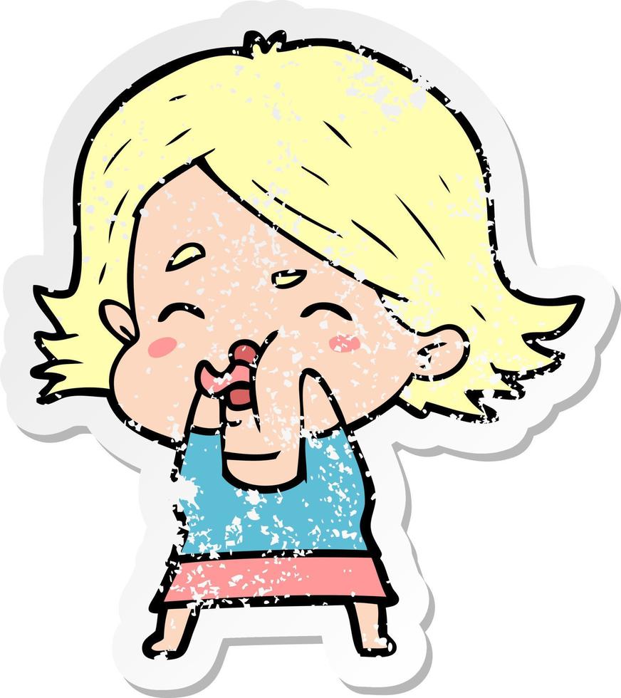 distressed sticker of a cartoon girl pulling face vector