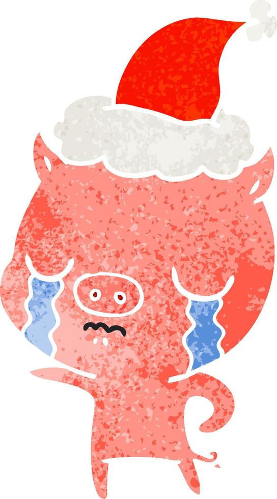 retro cartoon of a pig crying wearing santa hat vector