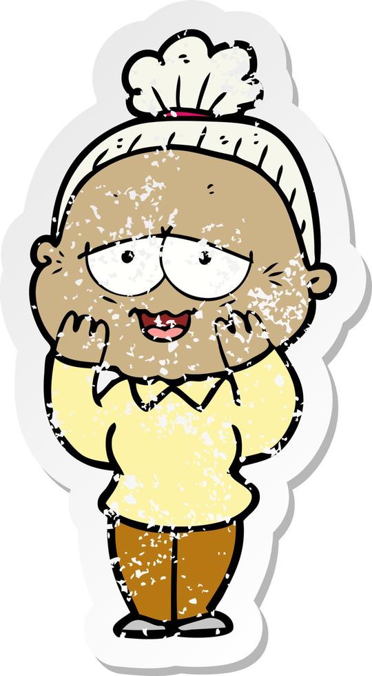 distressed sticker of a cartoon happy old lady vector
