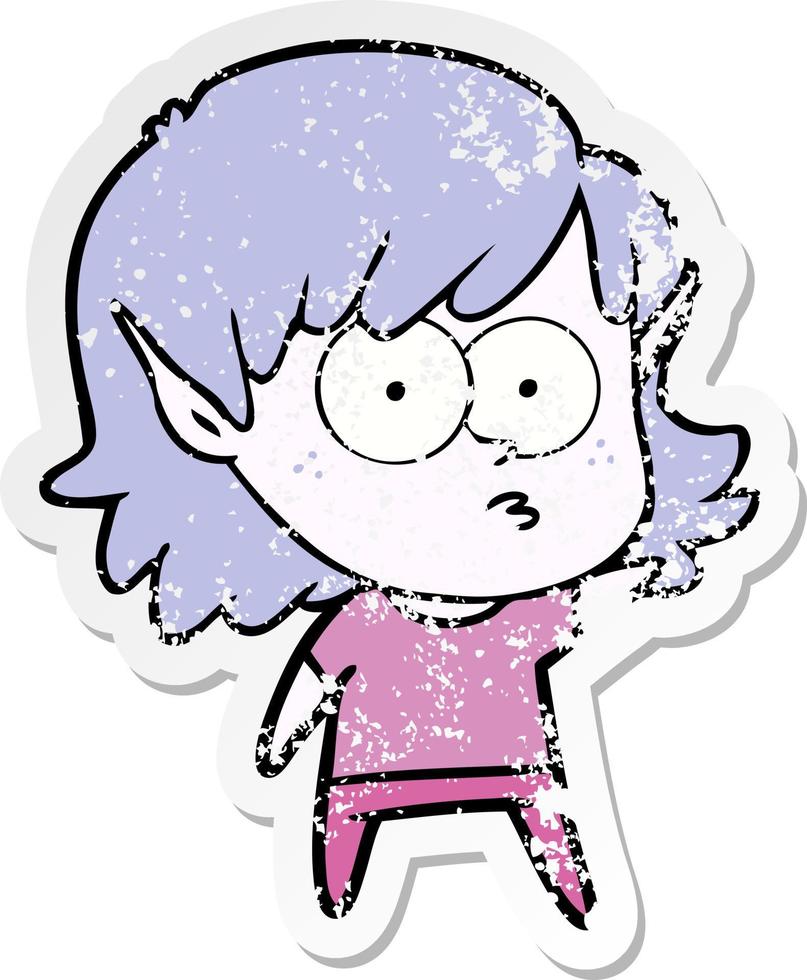 distressed sticker of a cartoon elf girl staring vector