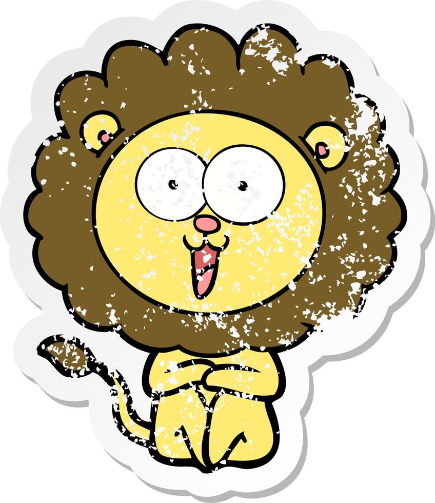 distressed sticker of a happy cartoon lion vector