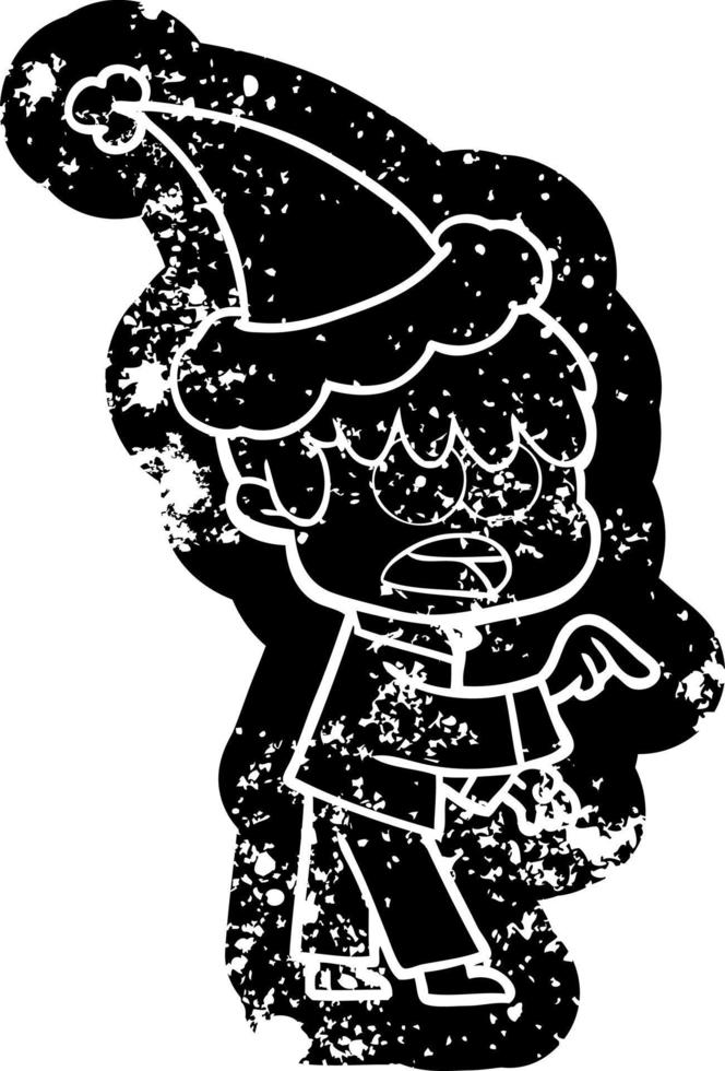 worried cartoon distressed icon of a boy wearing santa hat vector