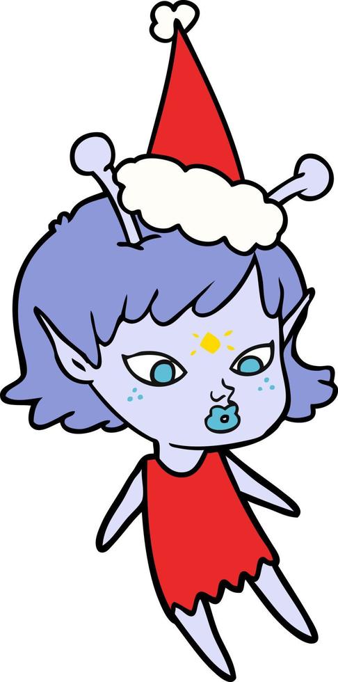 pretty line drawing of a alien girl wearing santa hat vector