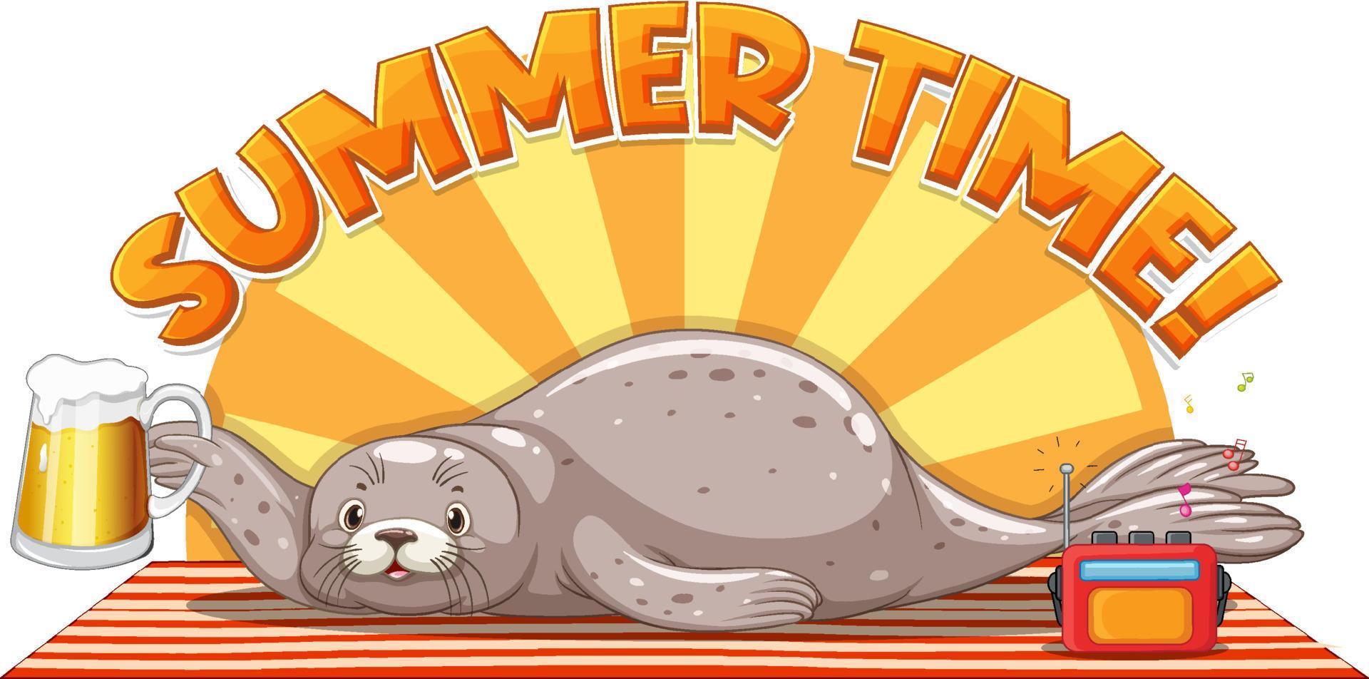 Seal cartoon character with summer time word vector