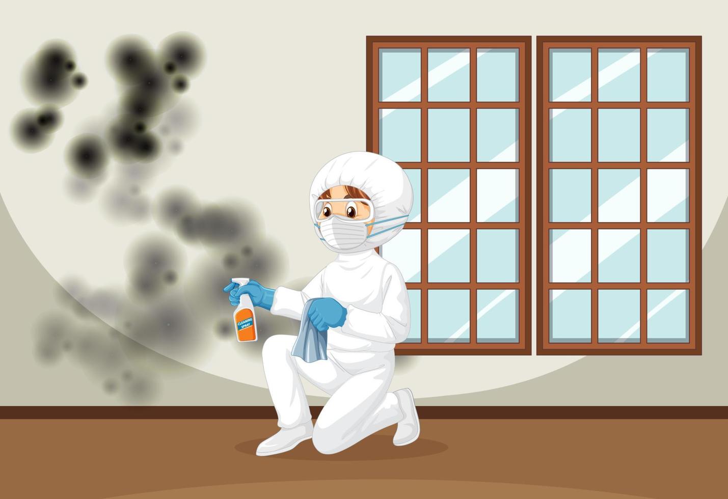 Man in protective hazmat suit cleaning mold on the wall vector