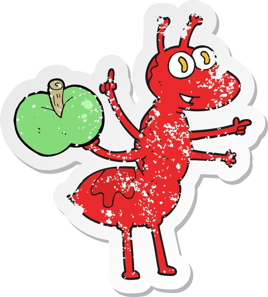 pegatina retro angustiada de una hormiga de dibujos animados con manzana vector