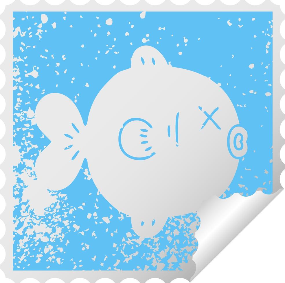 quirky distressed square peeling sticker symbol fish vector