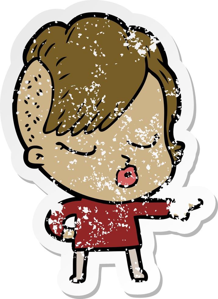 distressed sticker of a cartoon pretty hipster girl vector