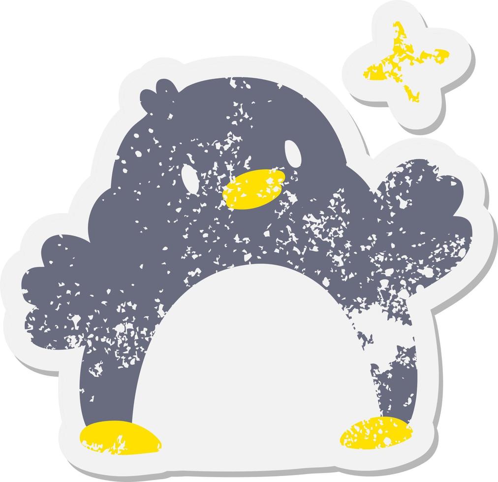 cute christmas penguin with star grunge sticker vector