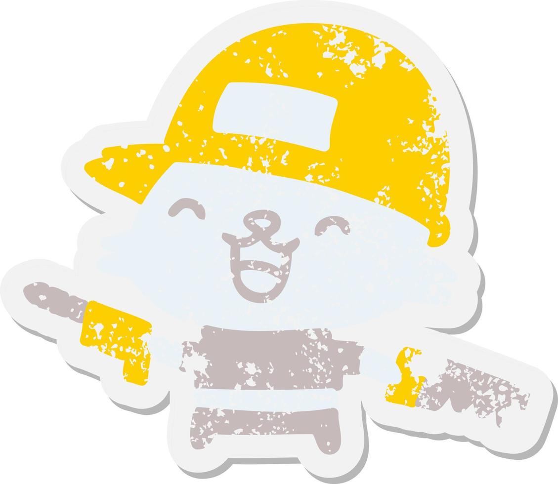 cat in work hat with tools grunge sticker vector