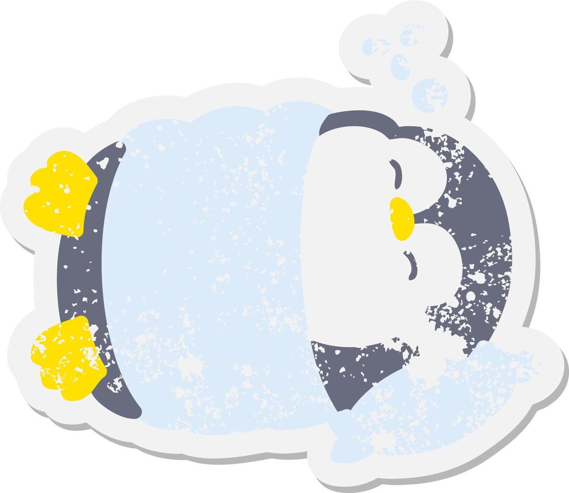 lindo pingüino de navidad durmiendo pegatina grunge vector