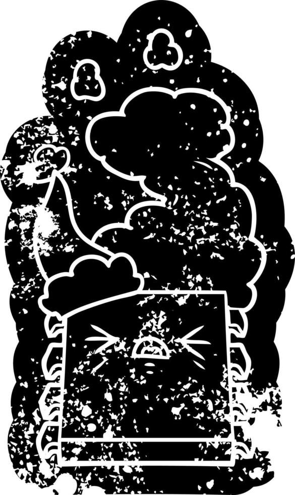cartoon distressed icon of a overheating computer chip wearing santa hat vector