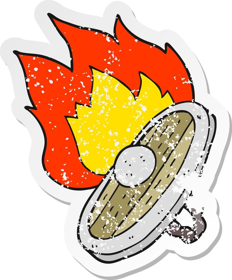 retro distressed sticker of a cartoon shield burning vector