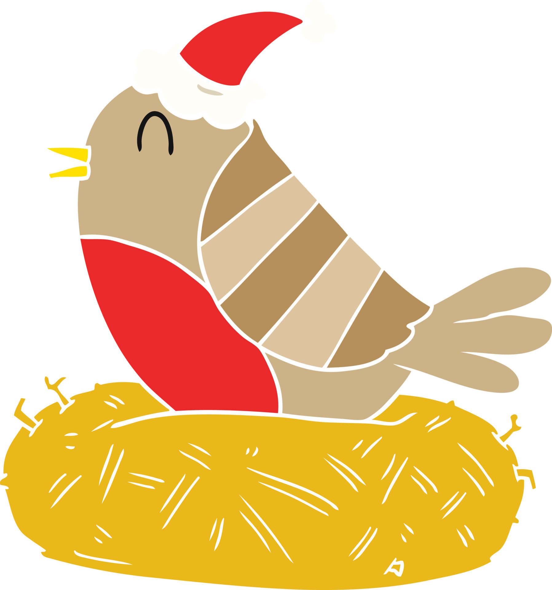 flat color illustration of a bird sitting on nest wearing santa hat