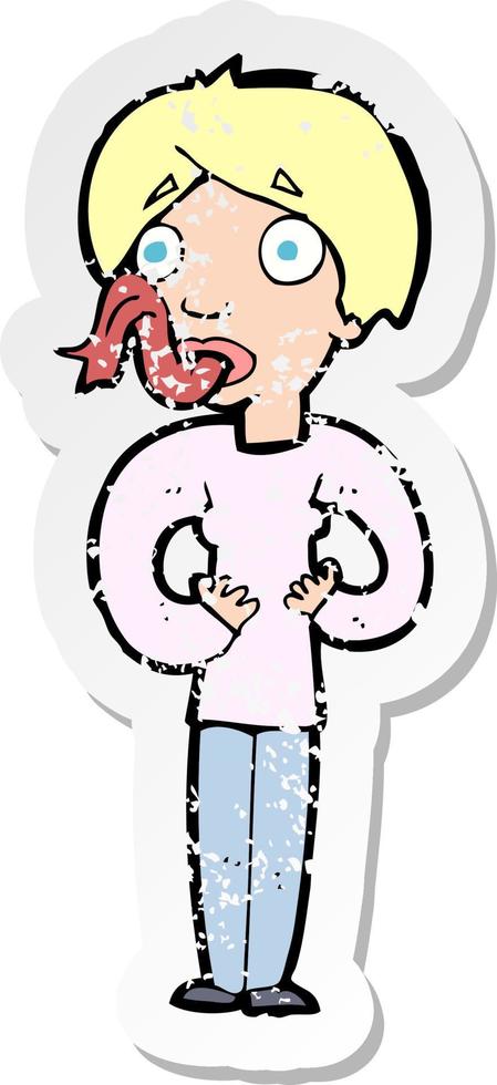 pegatina retro angustiada de una mujer de dibujos animados sacando la lengua vector
