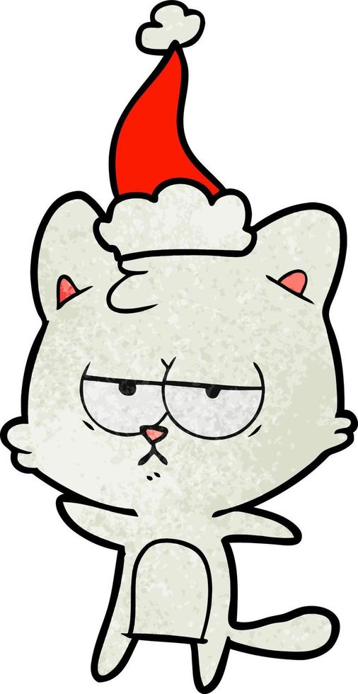 bored textured cartoon of a cat wearing santa hat vector