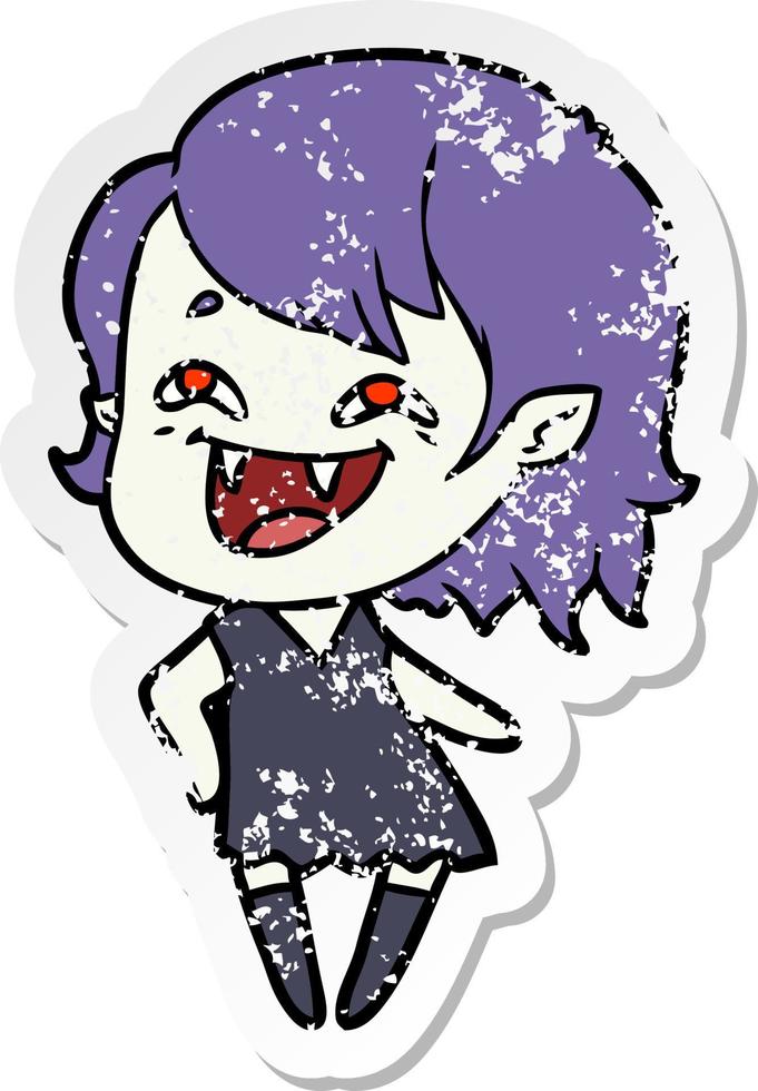 distressed sticker of a cartoon laughing vampire girl vector