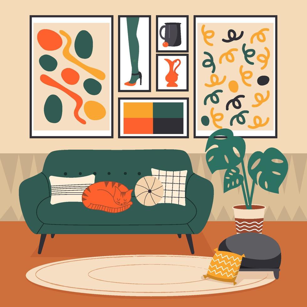 Retro Interior With Cat On Couch Concept vector