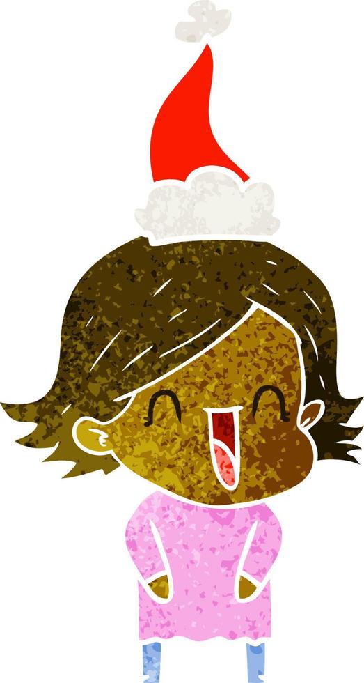 retro cartoon of a laughing woman wearing santa hat vector