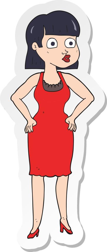 sticker of a cartoon woman in dress with hands on hips vector