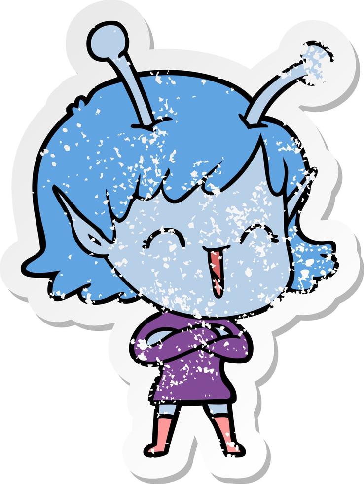 distressed sticker of a cartoon happy alien girl vector