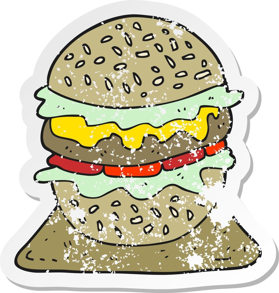 pegatina retro angustiada de una hamburguesa sabrosa de dibujos animados vector