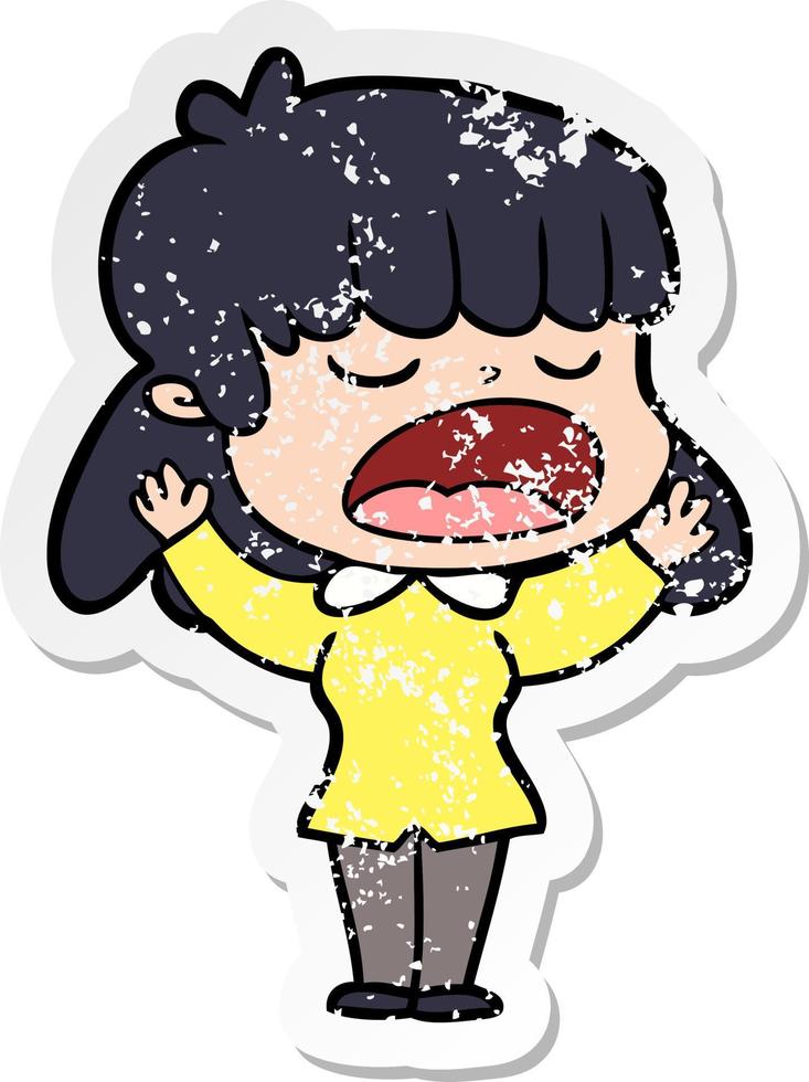 distressed sticker of a cartoon woman talking loudly vector