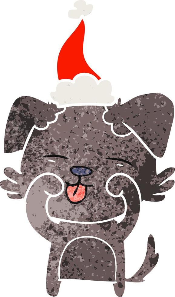 retro cartoon of a dog rubbing eyes wearing santa hat vector