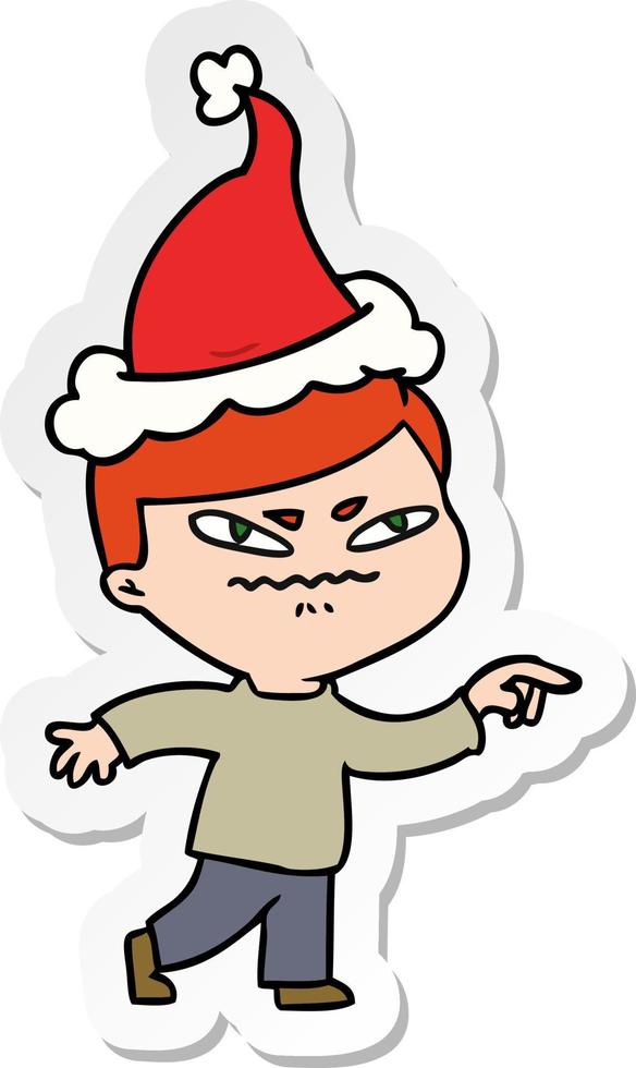 sticker cartoon of a angry man pointing wearing santa hat vector