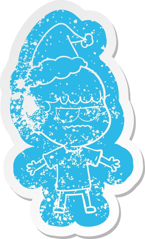 cartoon distressed sticker of a angry man wearing santa hat vector