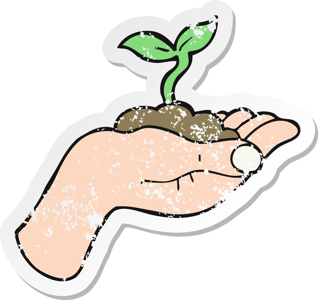 retro distressed sticker of a cartoon seedling growing held in hand vector