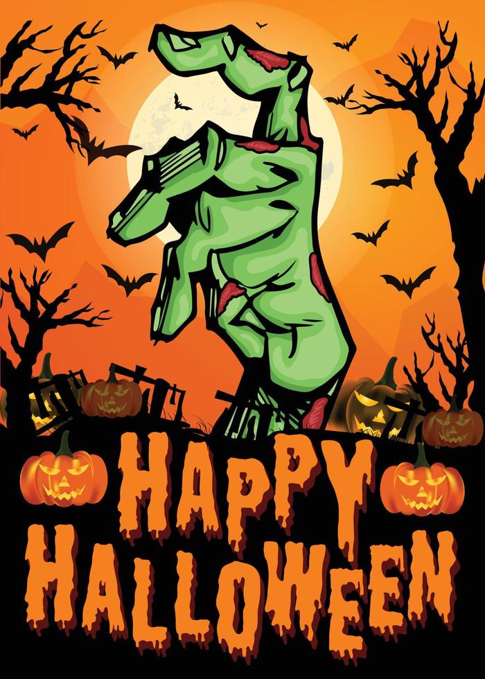 Happy Halloween, Halloween background with Zombie hand, pumpkin and bats Social Media Design vector