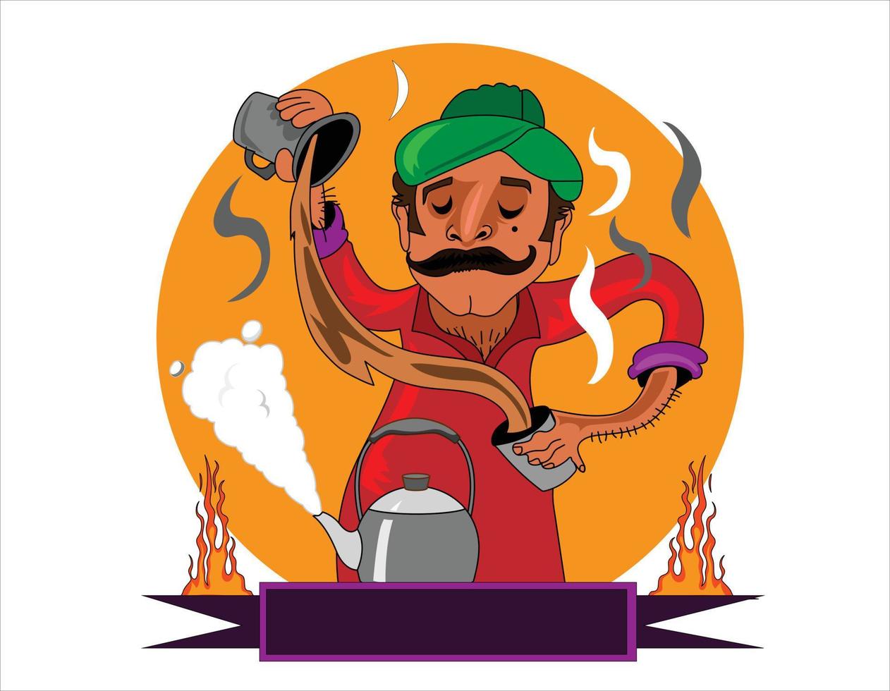 chai wala cartoon character Indian, Pakistani street tea seller vector