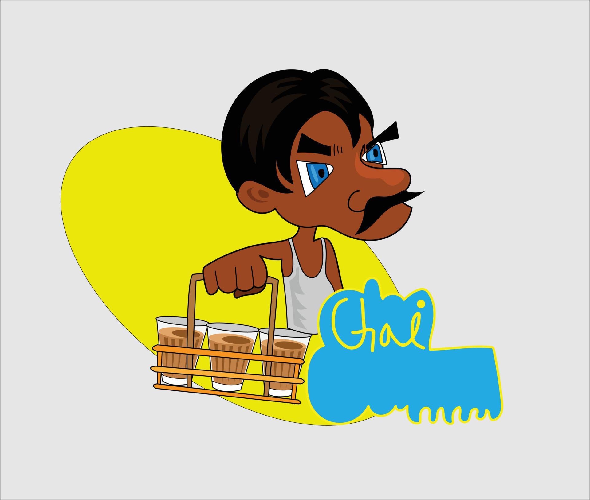 chai wala cartoon character Indian, Pakistani street tea seller
