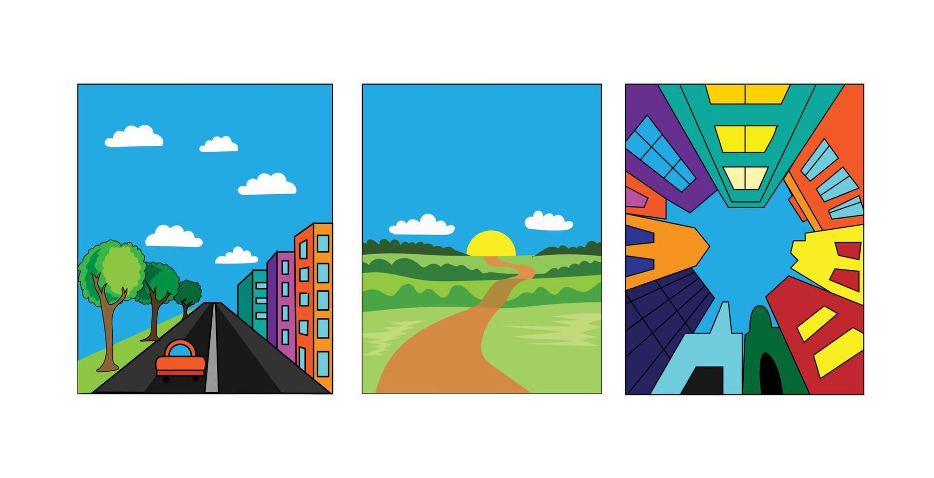 Set of landscape vector illustrations with sky background