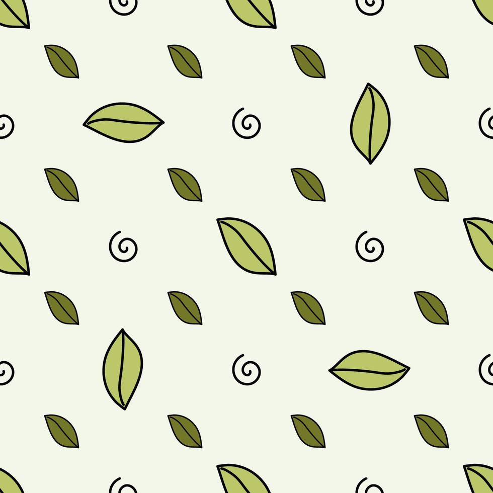 Doodle-style leaf pattern on green background. Vector image for use in textiles or prints
